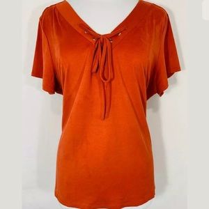 Melissa Paige Orange Suede Lace up Top Blouse